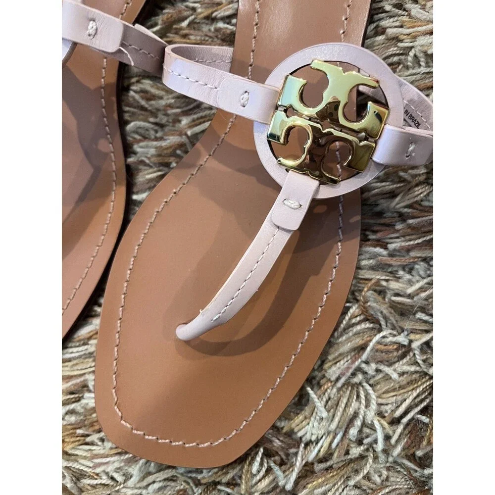 Tory Burch Mini Miller Sandal Square Toe Size 8.5 Pale Pink Gold Leather Thong